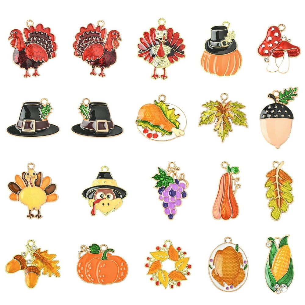 5437 40Pcs 20 Styles Fall Turkey Animal Charms Thanksgiving Day Pumpkin